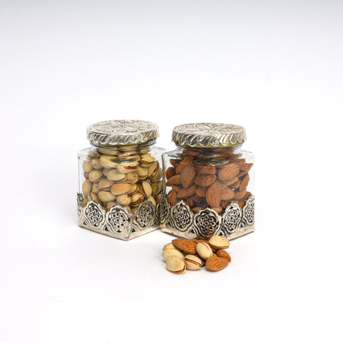 German Silver—Set of 4 Glass Jars